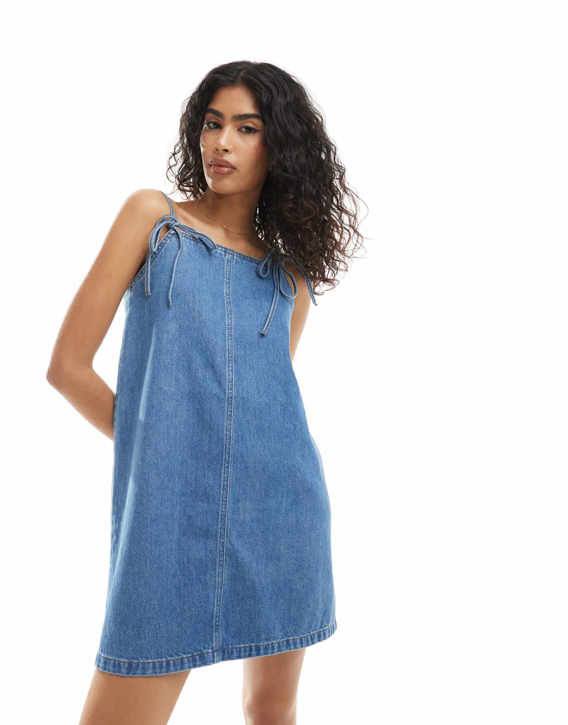 asos design denim bow dress in mid blue