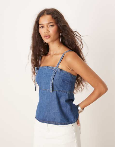 ASOS DESIGN denim bow front strappy top in mid blue - view 1