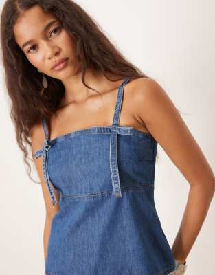 Asos Design Denim Bow Front Strappy Top In Blue