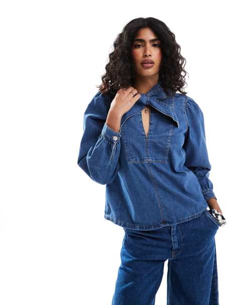 ASOS DESIGN denim bow neck shirt in mid blue - view 1
