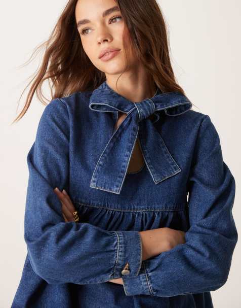 ASOS DESIGN denim bow neck top in indigo - view 1