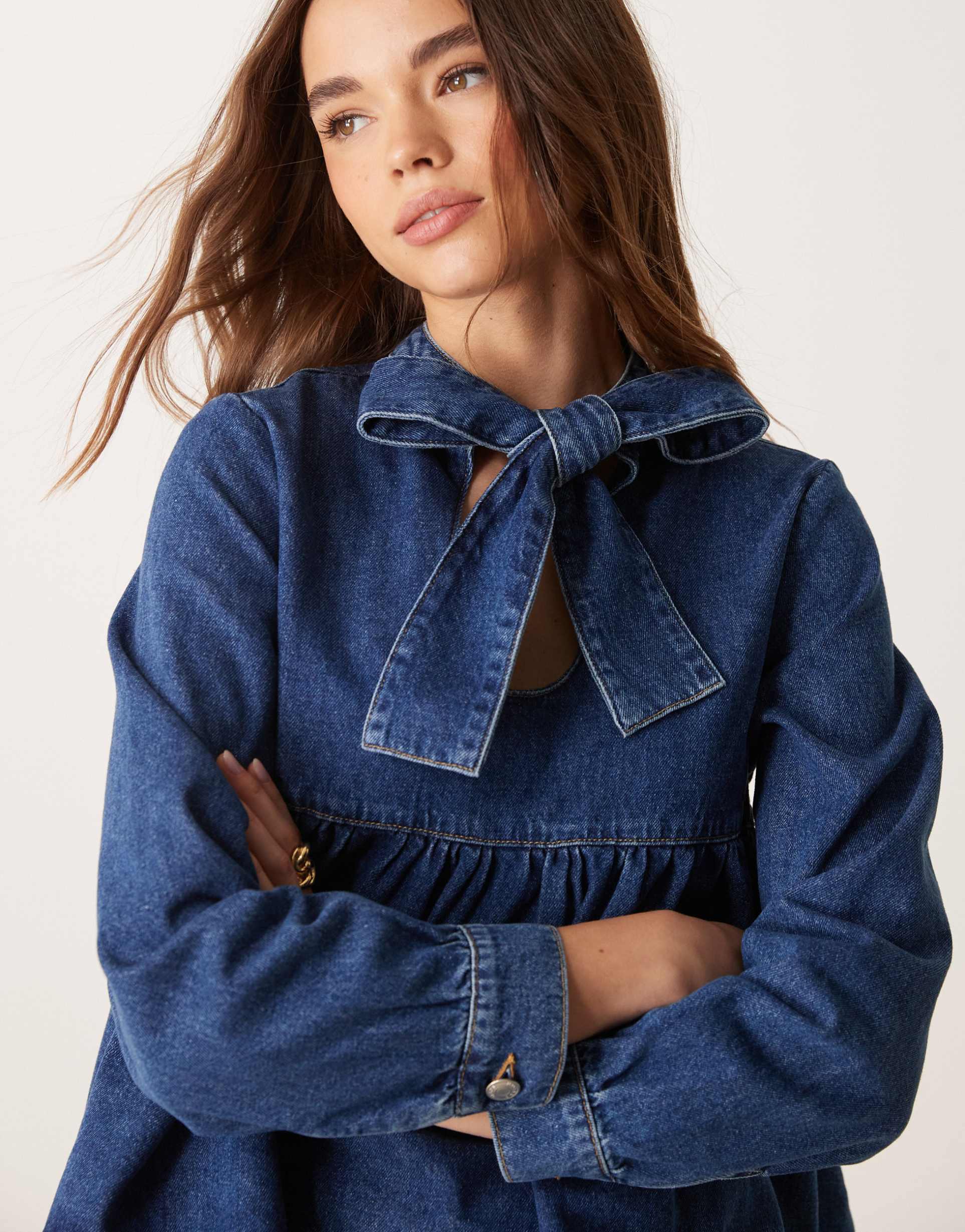 asos design denim bow neck top in indigo