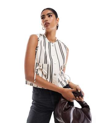 denim bow pocket vest in black and white stripe-Multi