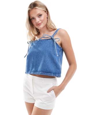 Asos Design Denim Bow Strap Cami Top In Mid Blue