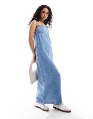 Asos Design Denim Bow Tie Maxi Dress In Bleach-blue