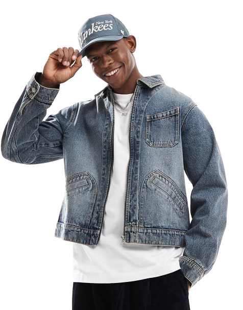 ASOS DESIGN denim boxy harrington jacket in mid wash blue - view 1