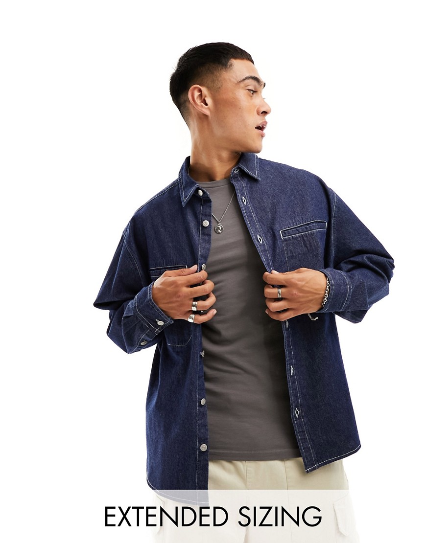 ASOS DESIGN denim boxy oversized shirt with contrast stitching in dark indigo-Navy