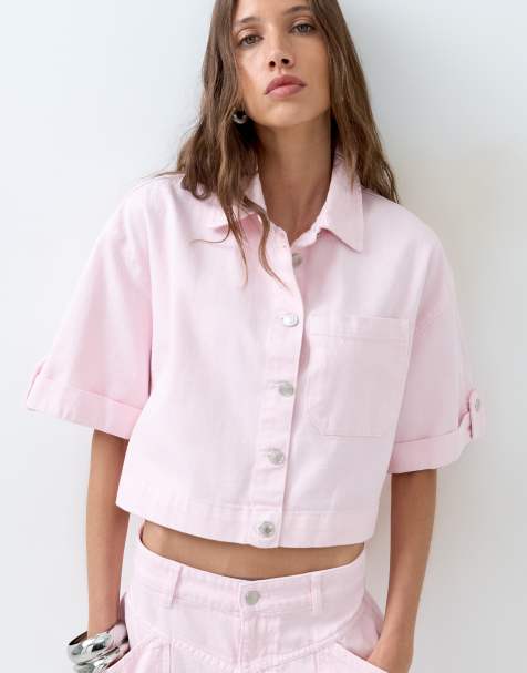 ASOS DESIGN denim boxy shirt co-ord in roze - view 1