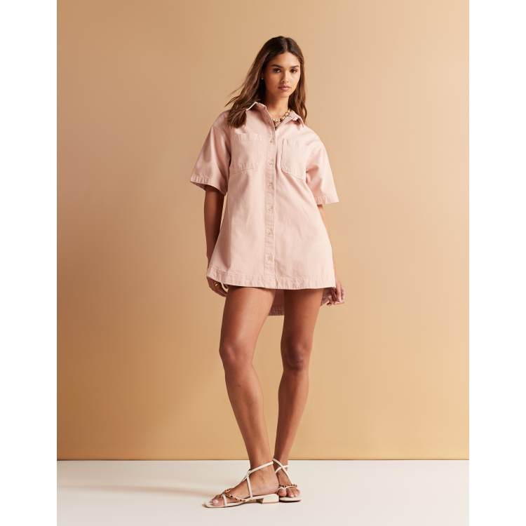 ASOS DESIGN denim boxy shirt dress in peach | ASOS