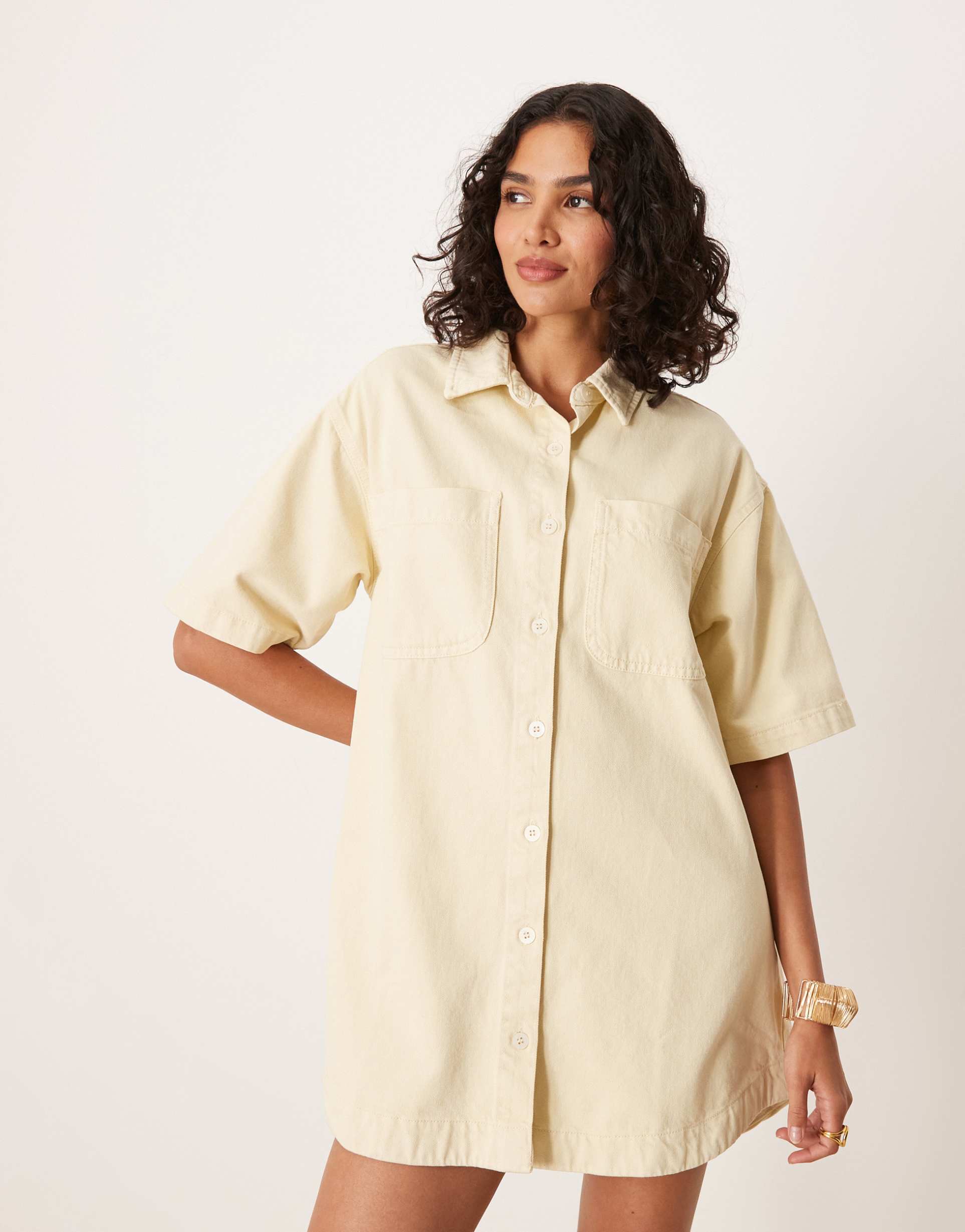 asos design denim boxy shirt dress in soft yellow