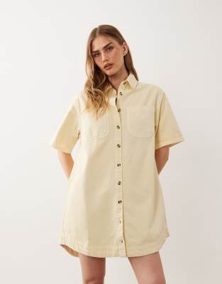 Asos Design Denim Boxy Shirt Dress With Pocket Detail In Gold