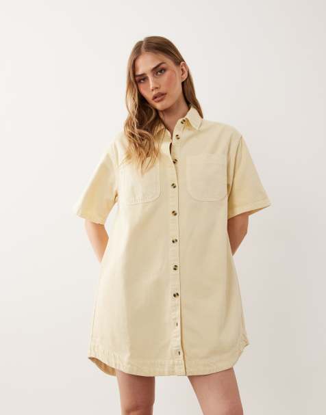 ASOS DESIGN denim boxy shirt dress with pocket detail in buttermilk - view 1