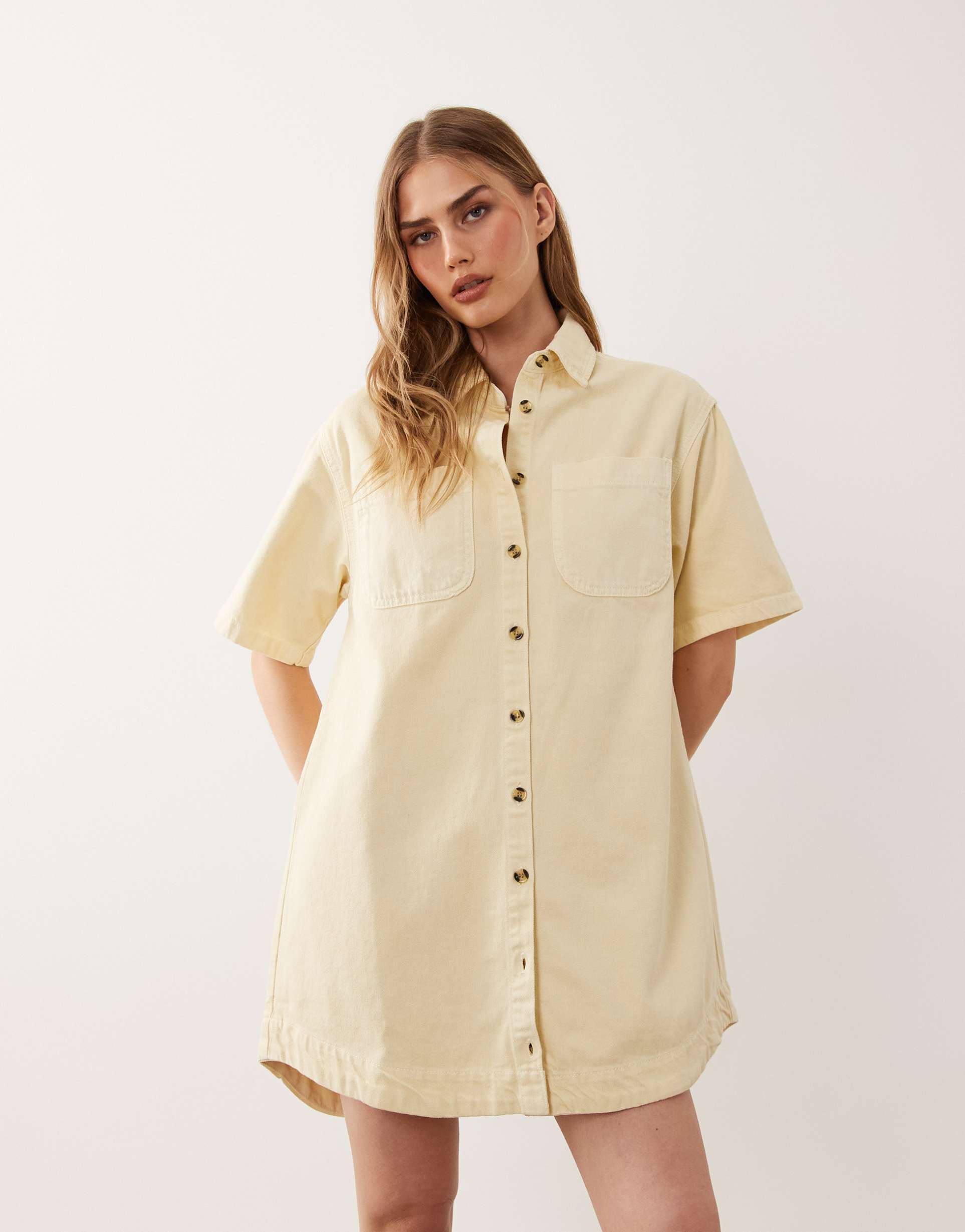 asos design denim boxy shirt dress with pocket detail in buttermilk