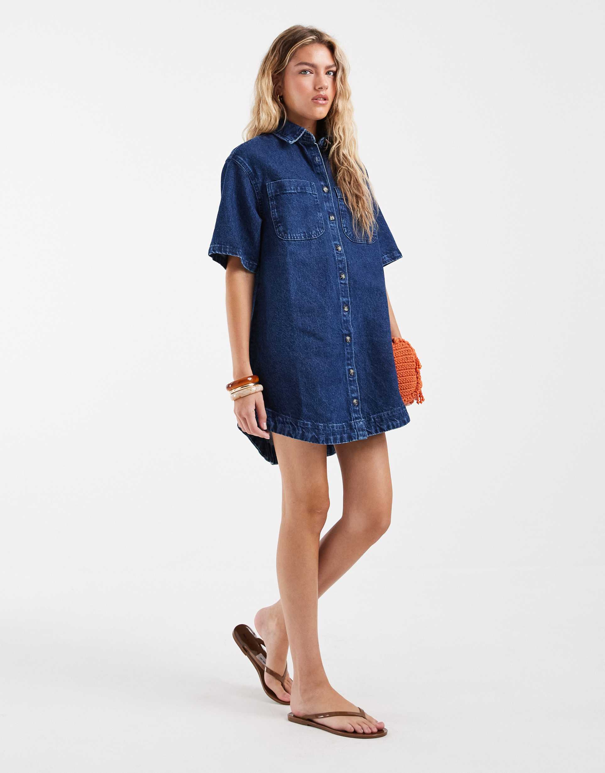 asos design denim boxy shirt dress with pocket detail in dark mid blue