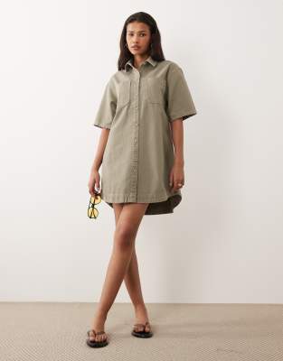 ASOS DESIGN denim boxy shirt dress with pocket detail in khaki