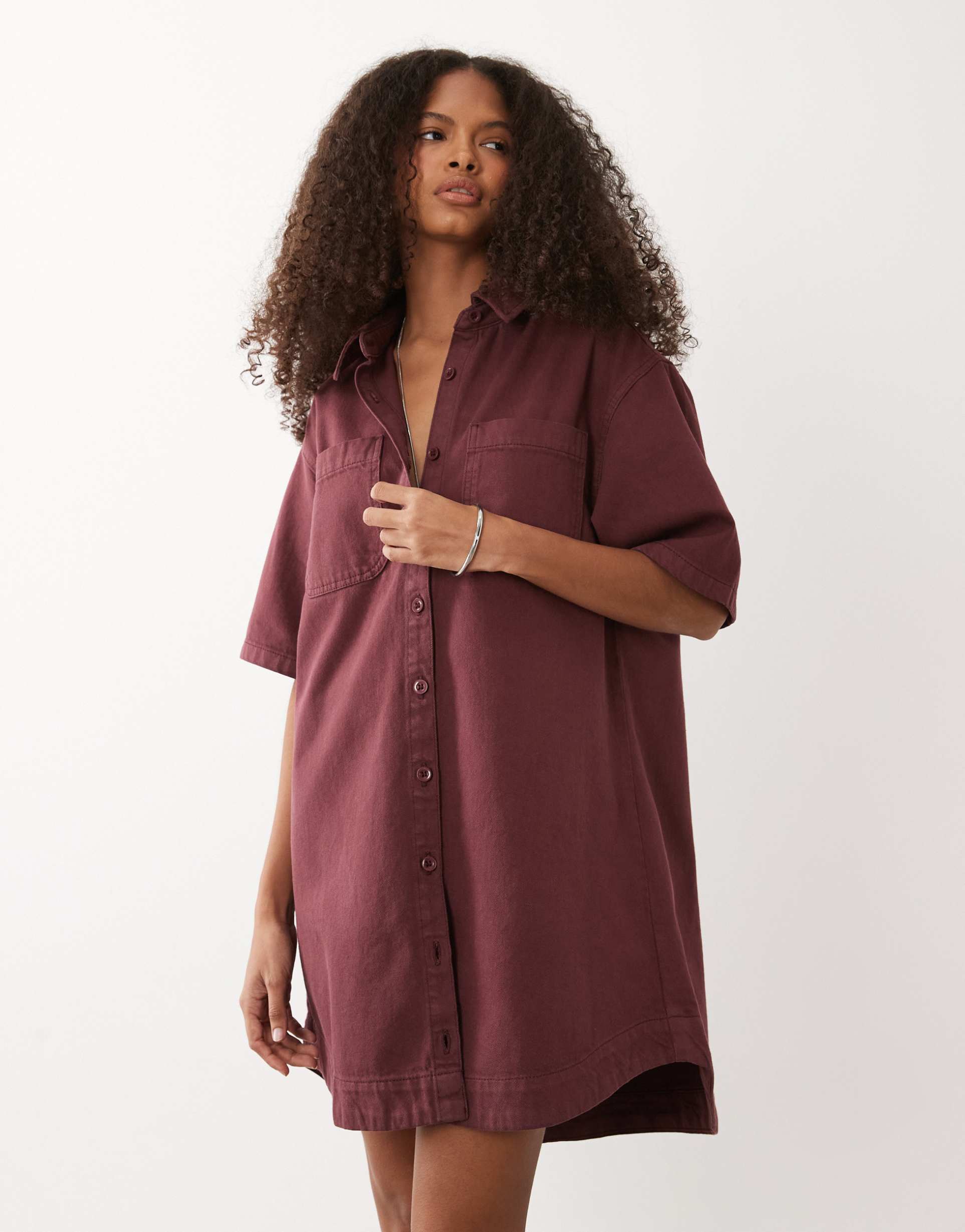 asos design denim boxy shirt dress with pocket detail in light burgundy