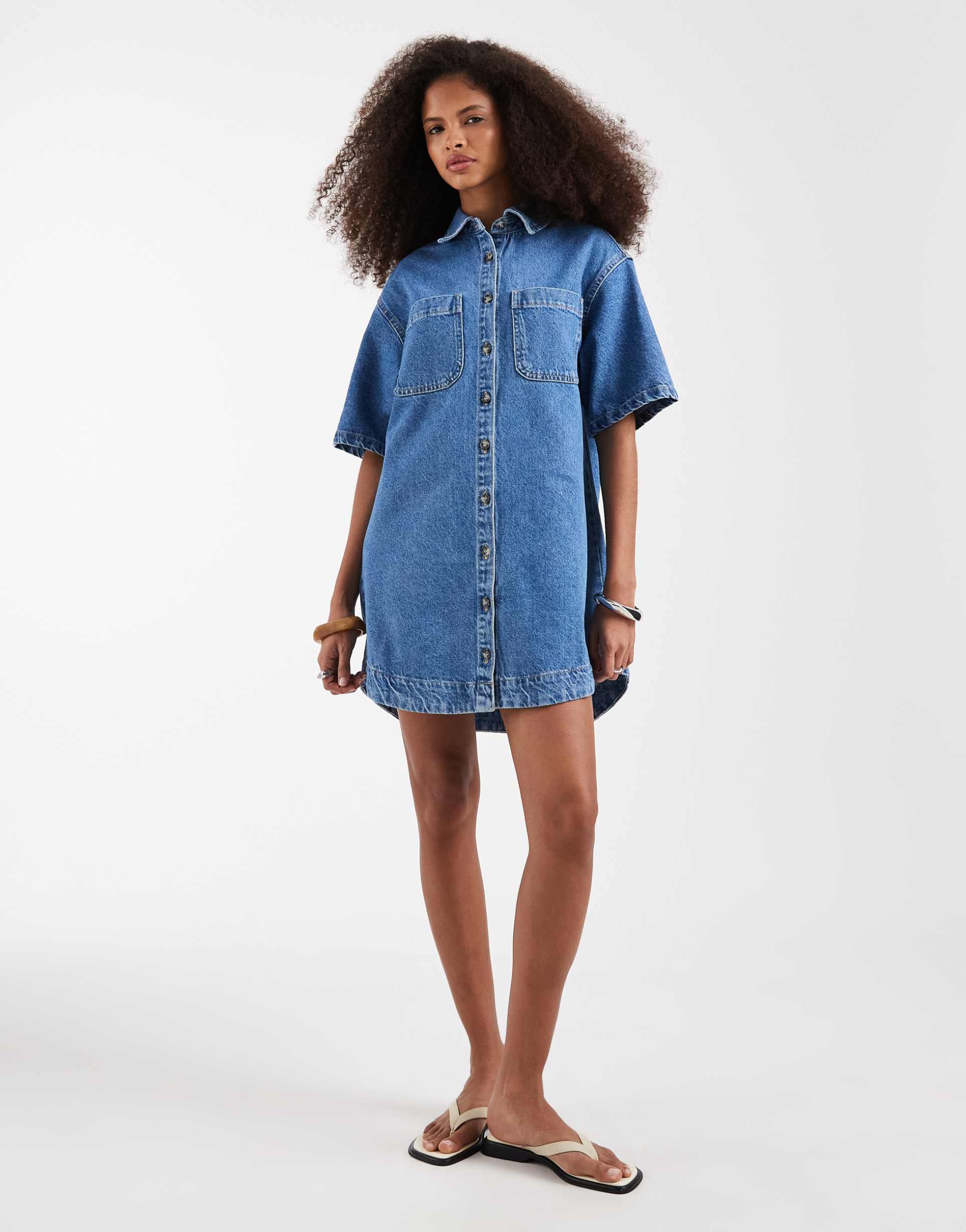 asos design denim boxy shirt dress with pocket detail in mid blue