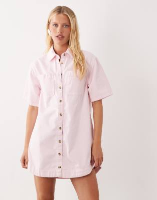 ASOS DESIGN denim boxy shirt dress with pocket detail in pink
