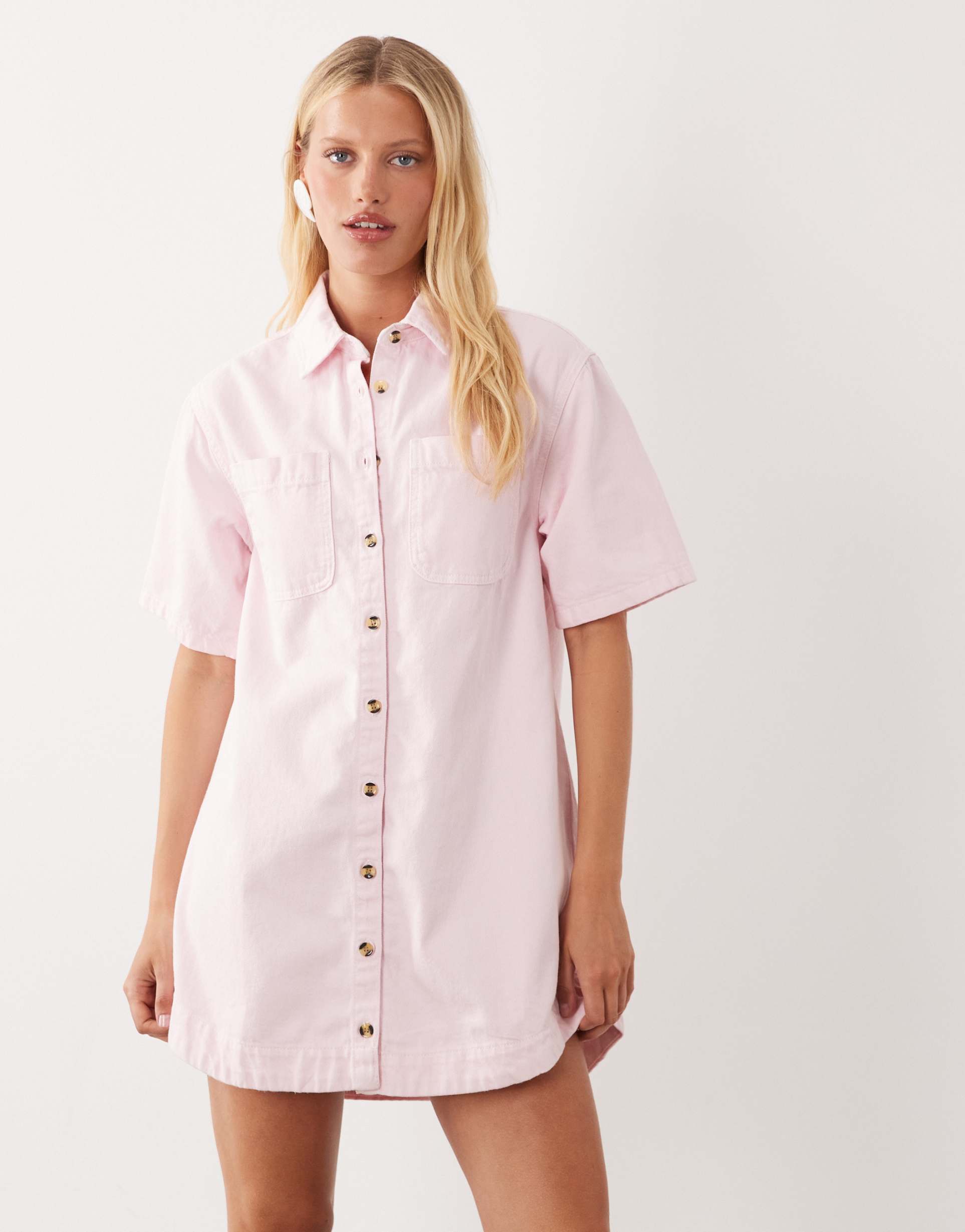 asos design denim boxy shirt dress with pocket detail in pink