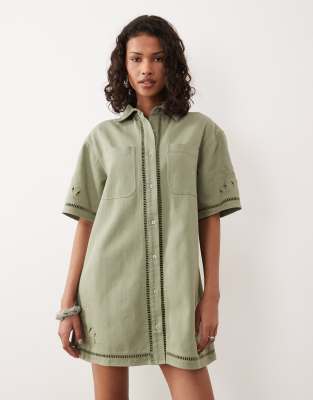 ASOS DESIGN denim boxy shirt mini dress with  ladder trim detail in khaki