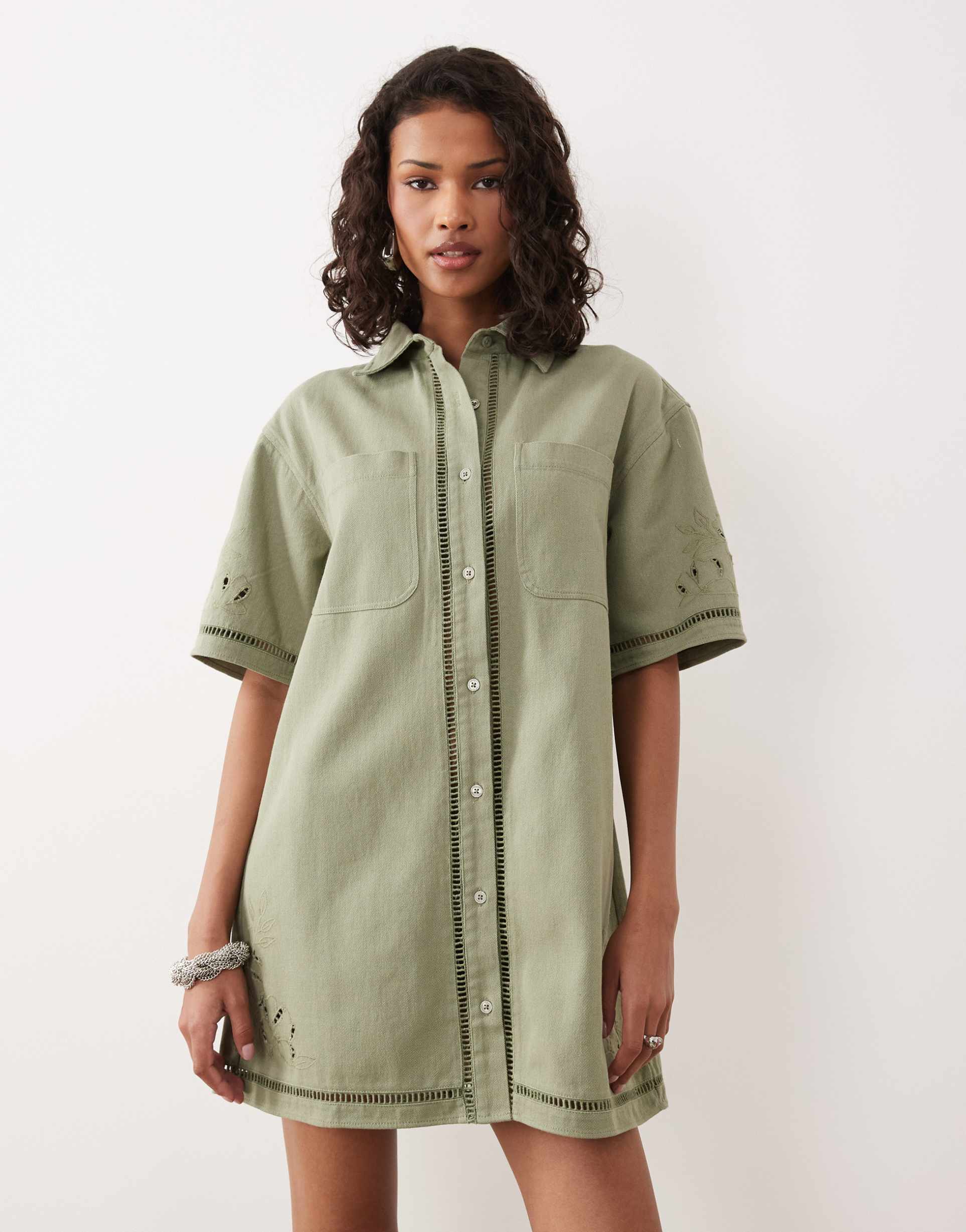 asos design denim boxy shirt mini dress with ladder trim detail in khaki