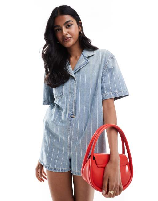 ASOS DESIGN denim boxy shirt playsuit in blue stripe ASOS