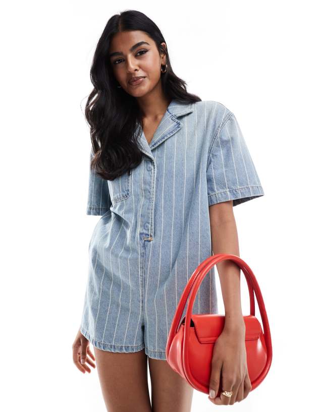 ASOS DESIGN - denim boxy shirt playsuit in blue stripe