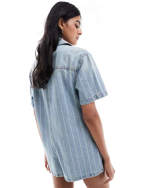 ASOS DESIGN denim boxy shirt playsuit in blue stripe ASOS