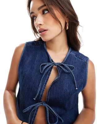 denim boxy tie front vest in indigo-Blue