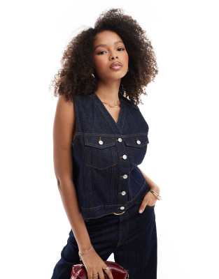 denim boxy western vest in indigo-Blue