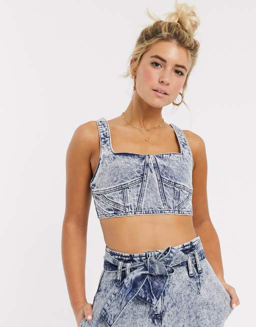 ASOS DESIGN denim bralet with contour detail in acid wash