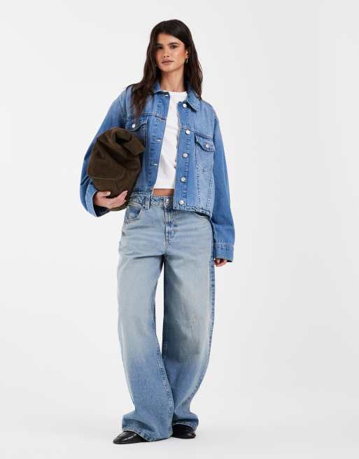 ASOS DESIGN denim bubble hem jacket with striped lining in rich blue, 3 of 4