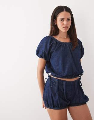 Asos Design Denim Bubble Hem Top Set In Blue