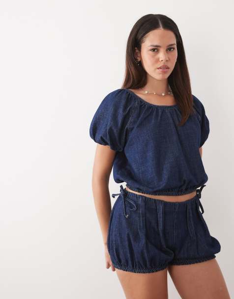 ASOS DESIGN denim bubble hem top set in mid blue - view 1