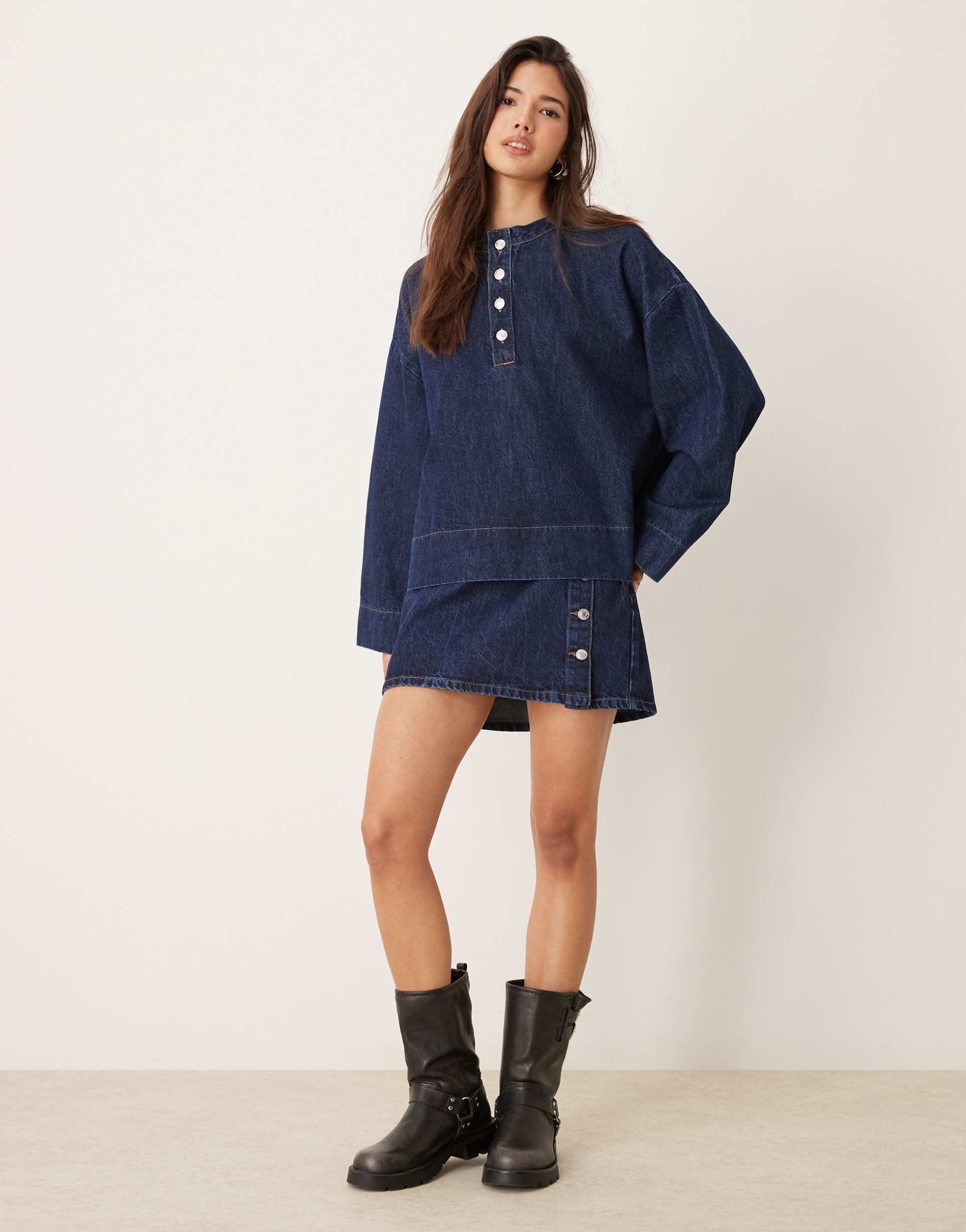 asos design denim button detail mini skirt in indigo
