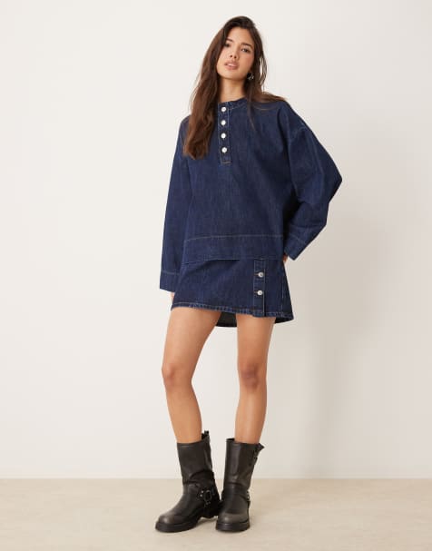 ASOS DESIGN denim button detail mini skirt in indigo