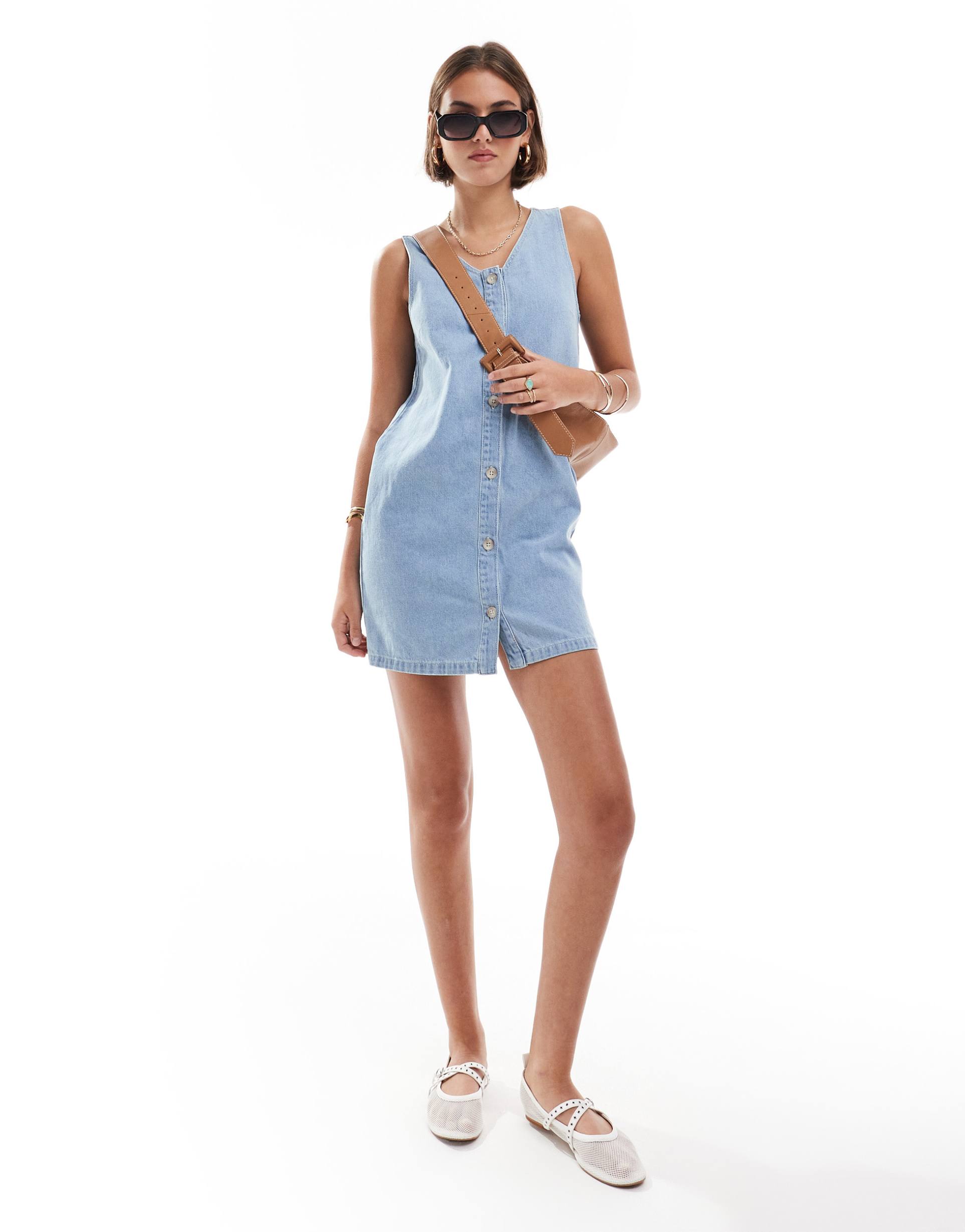 asos design denim button down dress in bleach