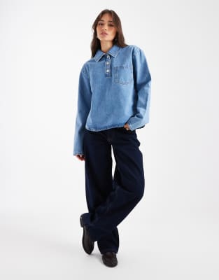 Asos Design Denim Button Down Rugby Top In Blue