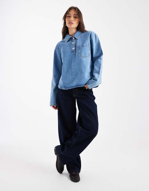 ASOS DESIGN denim button down rugby top in mid blue