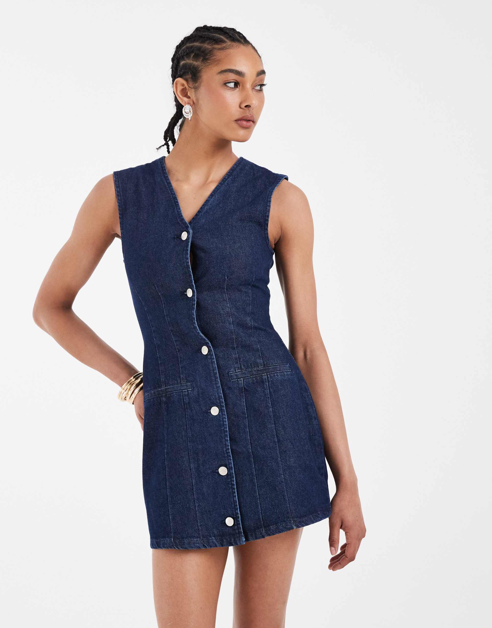 asos design denim button down vest dress in indigo