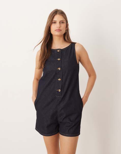 ASOS DESIGN denim button front playsuit in indigo - view 1