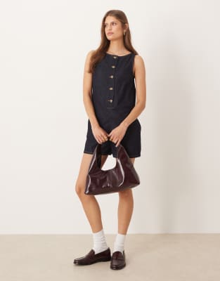 Asos Design Denim Button Front Romper In Blue