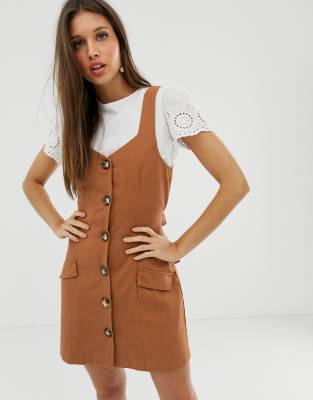 ASOS DESIGN denim button pinafore mini dress in rust-Red