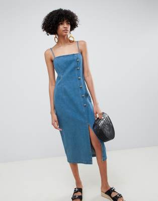 ASOS DESIGN denim button side midi dress in midwash blue | ASOS