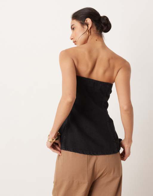 ASOS DESIGN denim button through bandeau top with gold buttons in washed black, 3 of 4