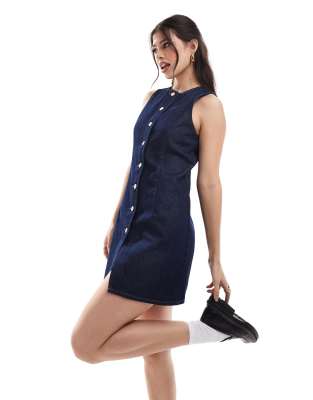 Asos Design Denim Button Through Dress In Indigo-blue