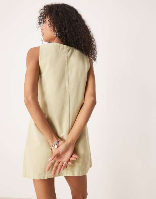 ASOS DESIGN denim button through mini dress with antique wash in olive green