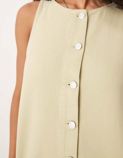 ASOS DESIGN denim button through mini dress with antique wash in olive green
