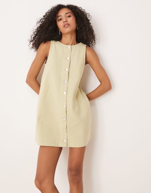 ASOS DESIGN denim button through mini dress with antique wash in olive green