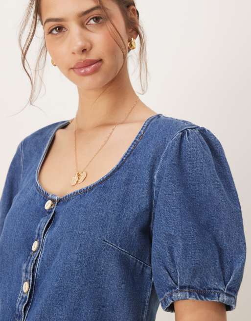 ASOS DESIGN denim button through mini dress with puff sleeves in midwash blue, 2 of 4